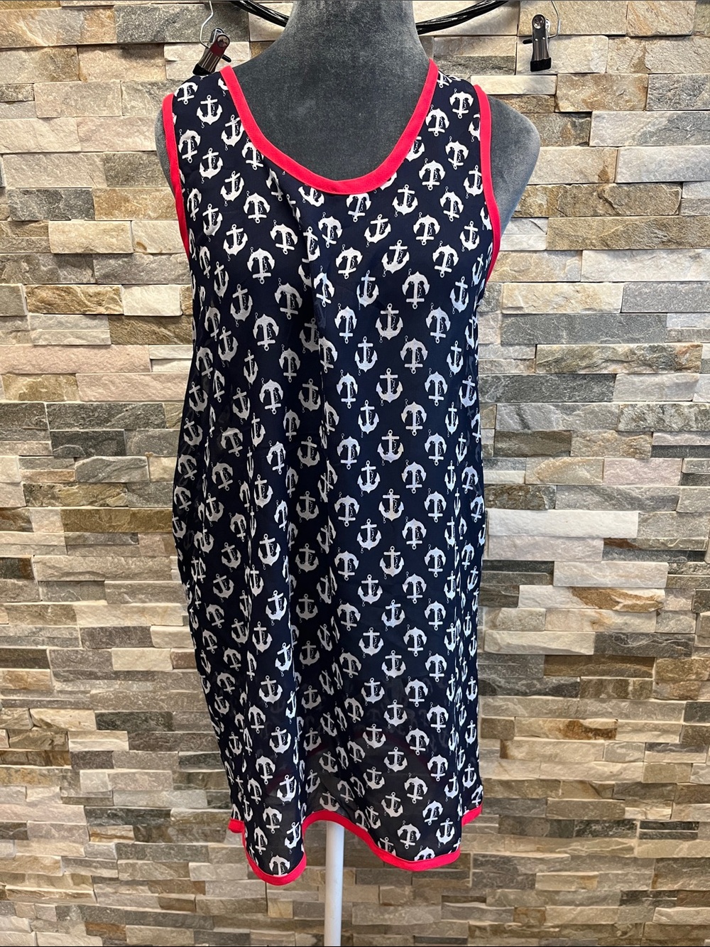 Navy Anchor Print Tank Dress with Pink Trim